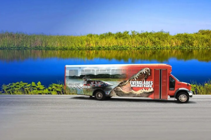 Red tour bus with crocodile image by a lake and greenery.